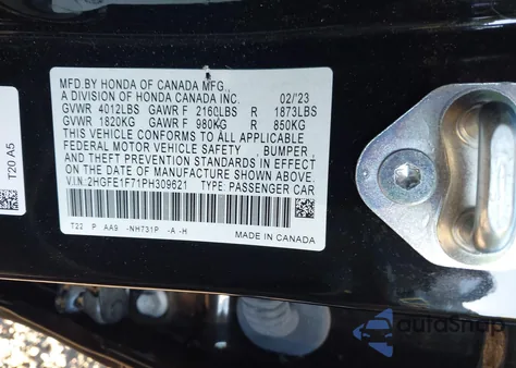 2023 Honda Civic Ex /Ex W/O Bsi z USA, uszkodzony, nr VIN 2HGFE1F71PH309621